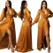 Sexy deep V-strap long sleeve split dress