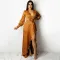 Sexy deep V-strap long sleeve split dress