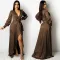 Sexy deep V-strap long sleeve split dress