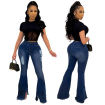 Fashion wide leg tassel pierced denim flared pants