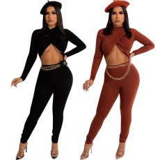Cross wrap chest solid two piece set
