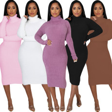 Sexy solid color Crew Neck Sweater Dress