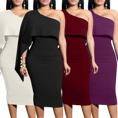 Sexy fashion solid color diagonal shoulder tight dress