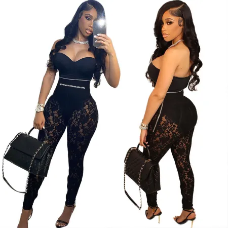 Printed lace high waist trousers