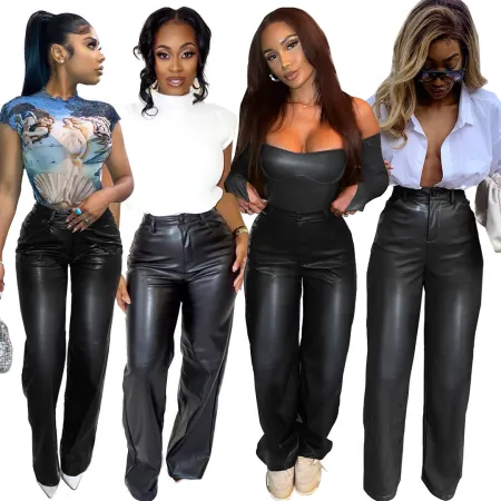PU leather straight pants