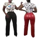 Solid color loose wide leg leather pants