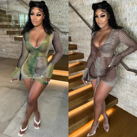 Deep V long sleeve bell mouth bandage skirt dress