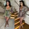 Deep V long sleeve bell mouth bandage skirt dress