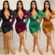 Deep V long sleeve pleated bandage skirt dress