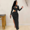 Solid color round neck long sleeve hollow out split dress