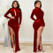 Sexy solid women's long sleeved hollow out split dress dress