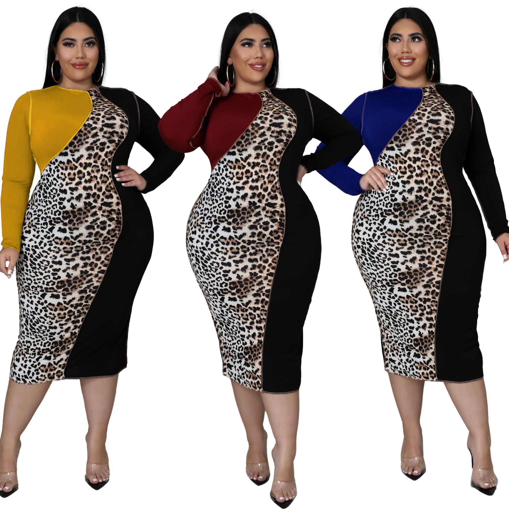US$ 7.94 - Large women's leopard print color blocking fat woman dress ...