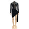 Solid color round neck long sleeve mesh perspective bandage skirt dress