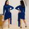 Solid color round neck long sleeve mesh perspective bandage skirt dress