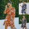 Spring and summer new 5 / 4 sleeve Floral Chiffon Dress