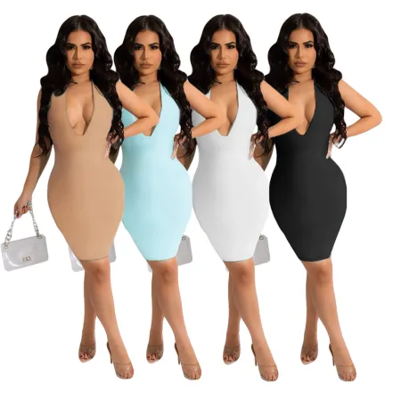 Solid V-neck sexy dress