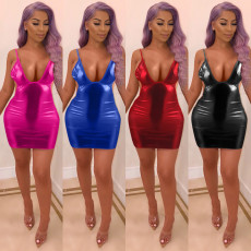 PU coated sexy dress hollowed out bandage set [including t-pants]