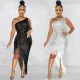 Fashion Sexy Sequin diagonal collar one shoulder irregular split beard long dress