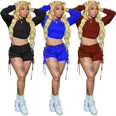 Casual solid color Strappy drawstring shorts two piece set