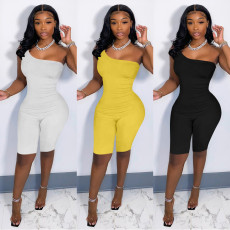 Summer new solid color slim fit sleeveless one shoulder hip lifting Casual Short Jumpsuit