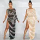 Sexy hot drill single long sleeve irregular split long skirt dress