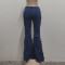 Patchwork perforated washed denim flared pants