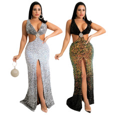 Chest wrapped V-neck cut-out Sequin dress