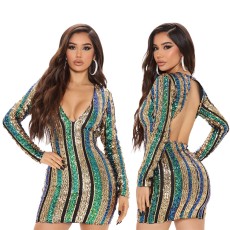 Sexy backless long sleeve wrap hip stripe Sequin dress