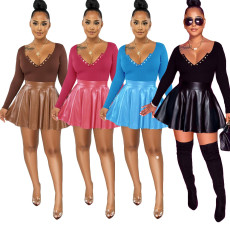 Solid color pleated PU leather short skirt long sleeve pit strip two piece set