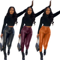 Elastic small foot PU leather pants