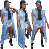 Pierced sleeveless denim coat cardigan Cloak