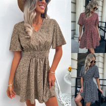 V-neck short sleeve dress A-line skirt