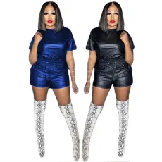 Leather short sleeve fashion two piece set