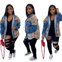 Single breasted jacket Plaid stitched denim shirt