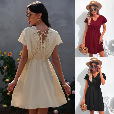 V-neck Lace Chiffon backless dress
