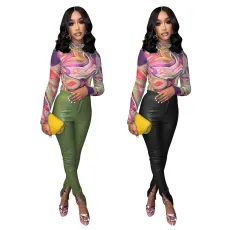 Solid color tight Pu imitation leather split pencil pants