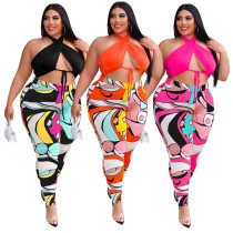 Printed hanging neck fashion printed Pants Set