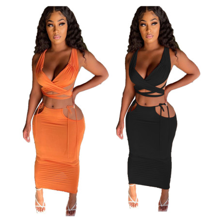 Solid color temperament skirt two-piece set
