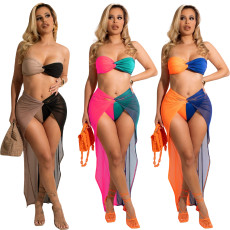 Three piece set of sexy breast wrapped mesh skirt