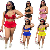 Hanging neck open back ruffled Shorts Set