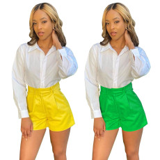 Solid color zipper thin Pu shorts