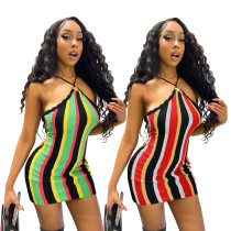 Colorful striped knitted suspender skirt