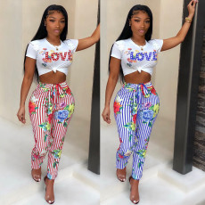 Striped lace up sexy print two piece set