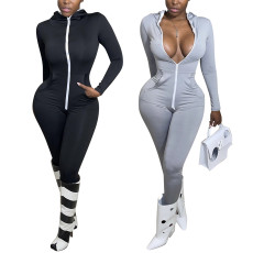 Sport solid hooded Jumpsuit