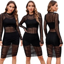 Mesh dress + Vest + shorts three piece set