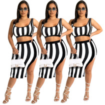 Striped bottomless sexy skirt two piece set