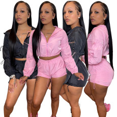 Long sleeved shorts hooded two piece set