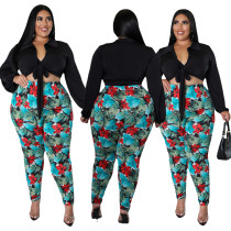 Large print pants and lace up shirt set