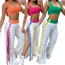 Side button open wide leg pants vest set