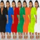 Deep V pleated mid sleeve long dress